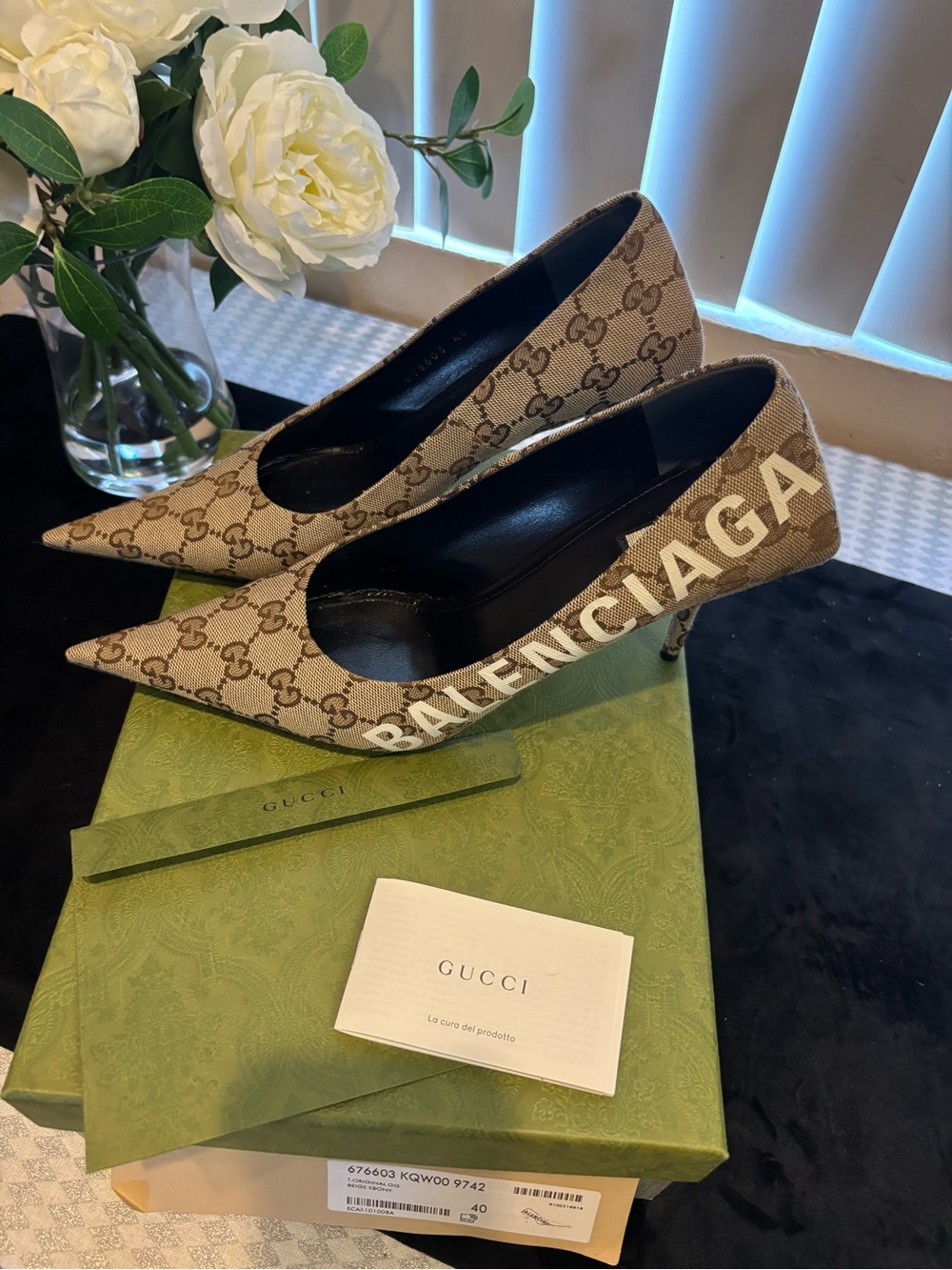 Gucci Beige GG Canvas Pointed-Toe Pumps with White Balenciaga Script